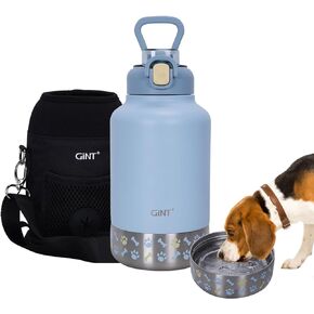 GiNT 37oz Dog Water Bottle, Insulated Dog Travel Water Bottle, Stainless Steel Human and Pet Water Bottle Dispenser Portable Water Bowl for Dogs with Carrying Case for Walking Dog Canteen Travel Kit