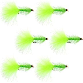 The Fly Fishing Place Chartreuse Bead Head Krystal Woolly Bugger Classic Streamer Flies - Set of 6 Trout Fly Fishing Flies - Hook Size 8