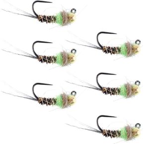 The Fly Fishing Place Tungsten Bead Hot Spot Pheasant Tail Tactical Jig Chartreuse Czech Nymph Euro Nymphing Fly - 6 Flies Size 14