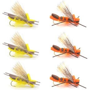 The Fly Fishing Place Godzilla Hopper Fly Fishing Flies Assortment - Orange and Yellow High Visibility Grasshopper or Stonefly Dry Fly - 6 Flies Hook Size 8