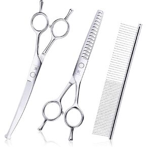 K KaCaKaCa Dog Grooming Scissors with Safety Rounded Tips, Professional 4 in 1 Pet Grooming Scissors Kit with Curved Dog Scissors for Grooming, Chunker Shears and Comb for Dogs, Cats and Pets