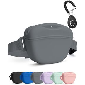 Dog Treat Pouch with Training Clicker, Upgrade Stronger Magnetic Closure to Avoid Spilling, 1.67 Cup Silicone Treat Bag Fanny Pack with Waist Belt for Pet Training Walking (Black)