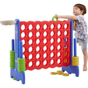 Giant 4-in-A-Row Game Set, Jumbo 4-to-Score Toy w/Basketball Hoop, Ring Toss, 42 Jumbo Rings and Quick-Release Lever Indoor Outdoor Family Connect Game for Kids & Adults (Red)