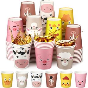 120 Count Farm Animal Cups Party Paper Cups 9 oz Cute Disposable Drink Cups Pig Sheep Chicken Duck Horse Cow Cups for Farm Birthday Party Supplies Kids Farm Animal Decorations