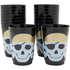 Sparkle and Bash 16 Pack Plastic Skull Themed Tumbler Cups for Kids Pirate Birthday Party Supplies (Black, 16 oz)