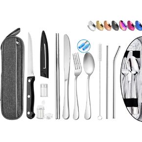 Portable Reusable Travel Utensils Silverware with Case,Travel Camping Cutlery set,Chopsticks and Straw, Flatware Cutlery Set with Case, Stainless steel Travel Utensil set Top (Black)