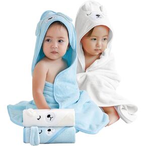 Baby Hooded Bath Towel,2 Pack Babie Towels for Newborn,Infant,Toddler,Ultra Absorbent Soft (White Bear+Elephant)