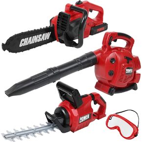 Power Garden Tools Set for Kids Battery Operated Toy Leaf Blower, Hedge Trimmer and Chainsaw Pretend Play for Boys Girls