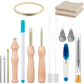 19Pcs Punch Needle Kit Punch Needle Embroidery Tool Adjustable Punch Needle Practice Kits with Different Size Wooden Handle Embroidery Pen, Embroidery Hoop,Punch Needle Cloth for Hand Sewing Lover