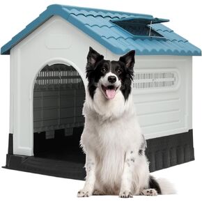 MoNiBloom 38.5 Inch Dog House for Large Dogs, Outside Insulated Plastic Dog Shelter, Weather-Proof Sturdy Dog Kennel with Elevated Floor and Air Vents, Easy Assembly Indoor Outdoor Doghouse