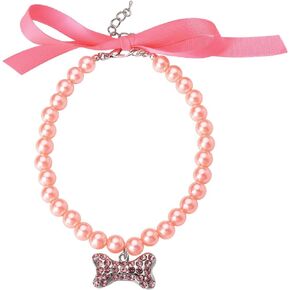 Dog Necklace Collar for Small Dogs Cat Pearl Collar Breakaway Dog Choker Necklace Rhinestone Bead Dog Collar Necklace Pink Bow Dog Necklace Valentines Day Dog Cat Pet Neck Accessories for Dogs