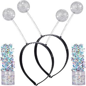 U-Zomir 2PCS Silver Martian Antenna Headband Alien Headband Glitter Ball Boppers & 2PCS Silver Holographic Chunky Glitter Alien Costume Accessory Party Favors for Everybody