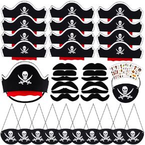 Pirate Hat Set with Pirate Eye Patch, Mustache, Temporary Tattoos, 48PCs for Kid Birthday, Halloween Costume Accessories, Party Favors & Goodie Bag Fillers