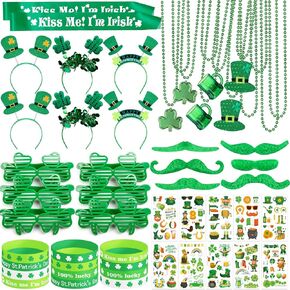 144Pcs St. Patrick's Day Accessories Party Favor Set, Tattoo Stickers, Necklaces, Bracelets, Shamrock Glasses, Headbands, Mustaches, and Kiss Me I'm Irish Sash for Irish Party Supplies