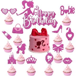 25 Pcs Hot Pink Girls Birthday Cake Topper Pink Princess Cupcake Toppers Set Decorations for Kids Girls Women Birthday Party, Pink Girls Theme Birthday Party Supplies in Kuwait