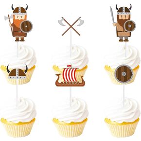 18pcs Brown Glitter Viking Dessert Cupcake Topper Ship Helmet Brave Barbarian Pirate Theme Decor Supplies Baby Shower Happy Birthday Party Decorations