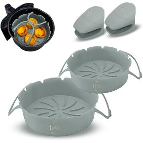 Silicone Air Fryer Liners 2pcs (7-8.6in), Heat-Proof Mitts, Easy Clean Air Fryer Liners Reusable, No-Smell Air Fryer Basket, 2.6-5QT and Large, Frying Basket, Essential Air Fryer Accessories, Gray