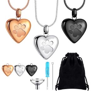 3 Pcs Pet Ashes Necklace Pet Urns for Dogs Ashes Cremation Jewelry for Ashes Paw Print Heart Pendant Memorial Necklace with Filling Kit Keepsake Jewelry for Dog Cats Pet Ashes Keepsake