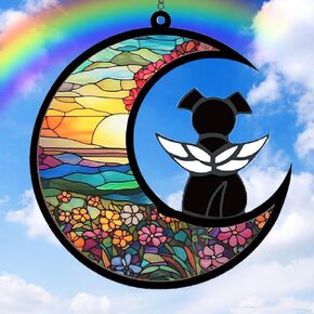 Dog Memorial Gifts for Loss of Dog Suncatcher, White Angel Dog on Flower Moon Dog Beverage Acrylic Ornaments Decor Window Wall Sympathy Gift for Dog Lover