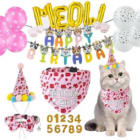TCBOYING Cat Birthday Party Supplies, Cat Birthday Collar Bandana Boy Girl Bow Tie Hat Outfit Banner Number Meow Balloon with Cat Kitten Birthday Decorations
