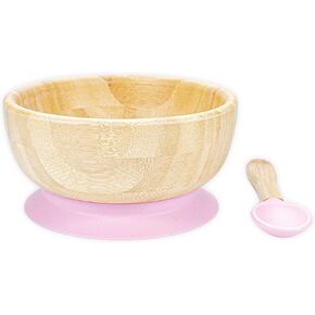 Baby Bamboo wooden Bowl and Spoon Feeding Set Removable Silicone Suction Cup for Kids / 12oz / Non-Toxic/Ideal for Baby-Led Weaning (Blue)