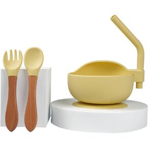 Toddler Suction Bowl Set with Spoon and Spork Food Grade Silicone GIFT for Early Eating Stages of Life (YELLOW)
