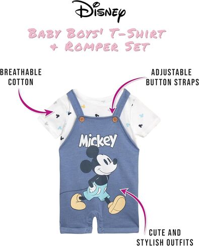 Disney Baby Boys Shorts Set - 2 Piece Spiderman Mickey Mouse Cars Winnie the Pooh Shortall Romper Shirt Short Set (0-3M-24M) in Kuwait
