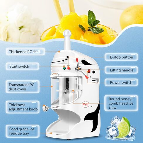 Newhai ماكينة حلاقة الثلج التجارية بقدرة 350 واط مع غطاء صانع مخروط الثلج الأوتوماتيكي ماكينة حلاقة الثلج الكهربائية بسمك قابل للتعديل كسارة الجليد 250-300 دورة في الدقيقة للمقهى والحليب والشاي ومطعم الفندق in Kuwait