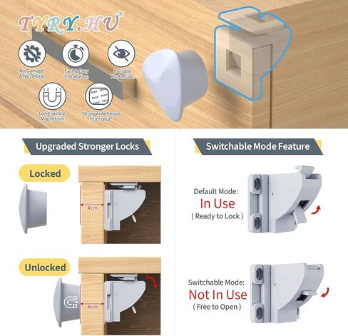 أقفال خزائن مغناطيسية لسلامة الأطفال من TYRY.HU (16 قفلًا + 2 مفتاح) لخزائن المطبخ والأدراج، أقفال أمان للأطفال غير مرئية مع مفتاح - لا تحتاج إلى حفر أو أدوات، سهلة التركيب in Kuwait