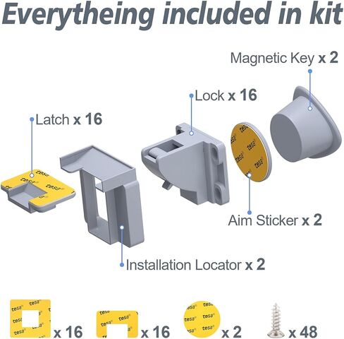 أقفال خزائن مغناطيسية لسلامة الأطفال من TYRY.HU (16 قفلًا + 2 مفتاح) لخزائن المطبخ والأدراج، أقفال أمان للأطفال غير مرئية مع مفتاح - لا تحتاج إلى حفر أو أدوات، سهلة التركيب in Kuwait