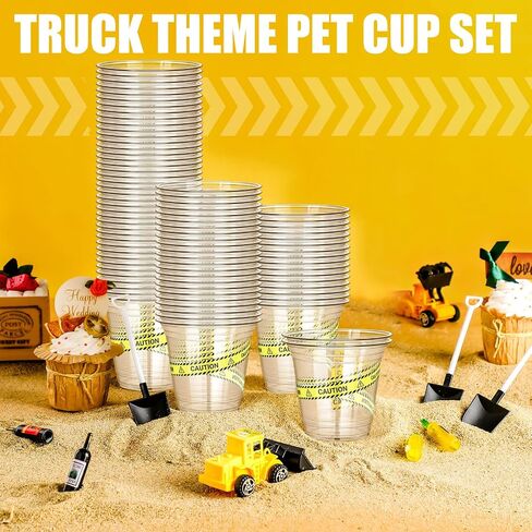 WILLBOND 120 Pcs Construction Party Cups Construction Party Favors Disposable Dump Truck Cup Clear Plastic Cups with Shovel Shape Dessert Spoon for Construction Themed Birthday Party (Simple, 9oz) in Saudi Arabia