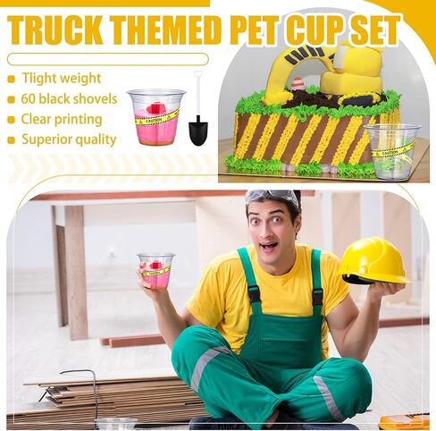 WILLBOND 120 Pcs Construction Party Cups Construction Party Favors Disposable Dump Truck Cup Clear Plastic Cups with Shovel Shape Dessert Spoon for Construction Themed Birthday Party (Simple, 9oz) in Saudi Arabia