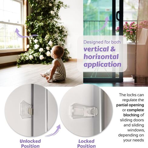 Child Proof Locks for Sliding Doors, Glass Windows, Closets & Cabinets (2 Pack) - Adhesive Baby Safety Keyless Sliding Door Stopper (Transparent) in Kuwait