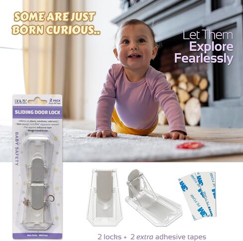 Child Proof Locks for Sliding Doors, Glass Windows, Closets & Cabinets (2 Pack) - Adhesive Baby Safety Keyless Sliding Door Stopper (Transparent) in Kuwait