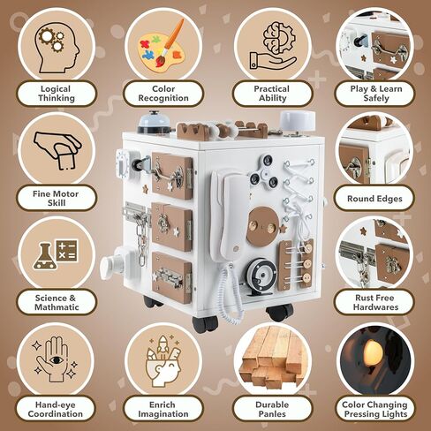 مكعب أنشطة خشبي من بامبيبو للأطفال - كبير جدًا، لوح مونتيسوري مُجمَّع مسبقًا للأطفال الصغار مع 26 نشاطًا حسيًا | لوحة أطفال مشغولة بمساحة تخزين | مكعب أنشطة للأطفال بعمر 3 سنوات فما فوق in Kuwait