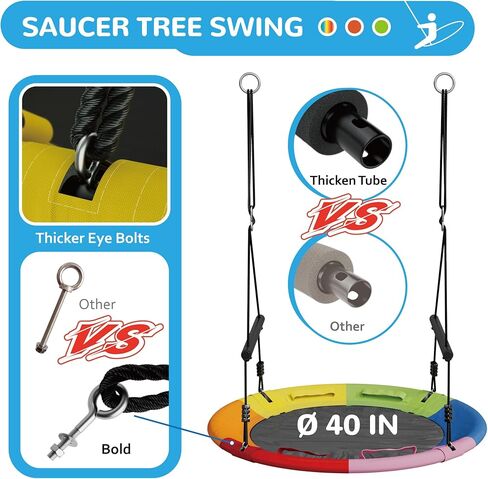 مجموعة أرجوحة شجرة آيداي للأطفال في الهواء الطلق، أرجوحة صحن طائر مقاس 40 بوصة للبالغين أرجوحة دائرية كبيرة لمجموعة أرجوحة مع شريطين للتعليق على شكل شجرة، سعة وزن 800 رطل، برتقالي in Kuwait