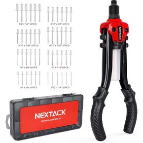 NEXTACK Rivet Gun, 1/4 Pop Rivet Gun with 350 Assorted Rivets, 13" Full Metal Heavy Duty Dual Hand Rivet Tool Kit with 5 Nosepieces incl. 3/16" & 1/8" for Van, Gutter & Automotive in Saudi Arabia