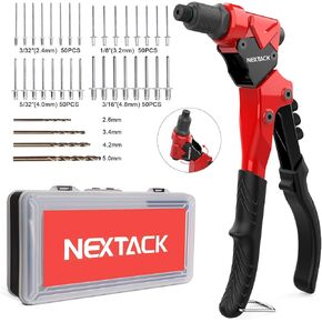 NEXTACK Rivet Gun, 1/4 Pop Rivet Gun with 350 Assorted Rivets, 13" Full Metal Heavy Duty Dual Hand Rivet Tool Kit with 5 Nosepieces incl. 3/16" & 1/8" for Van, Gutter & Automotive