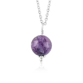 Natural Real Charoite Round Beads Pendant Necklace, Polished Crystals Birthstone, Healing Gemstone, Jewelry, Silver Plated Jewelry 18 inch