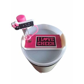I Love Cheer Chearleading Tumbler Lid Topper and Straw Topper Bundle Set - Tumbler Lid Topper for 40 oz Stanley Cup | Custom Stanley Name Plate | Stanley Topper Plate, Stanley Tag Plate