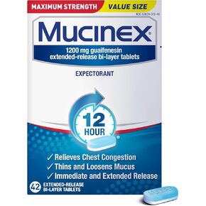 أقراص Mucinex لاحتقان الصدر ذات القوة القصوى لمدة 12 ساعة تخفف احتقان الصدر الناتج عن المخاط الزائد (#1 يوصي الطبيب بمقشع بدون وصفة طبية)، 1200 مجم، 42 قطعة (عبوة من 1)