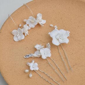 Handmade Ceramic Wedding Hair Pins Set and Pearl Floral Earrings for Brides, Bridesmaids, Women, Bridal Hair Accessories and Drop Earrings Set