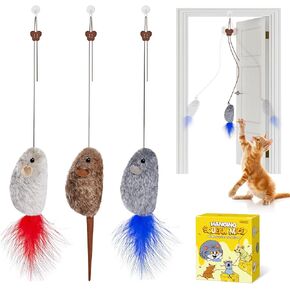 Potaroma Hanging Cat Mice Toys 3 Pcs with Squeaky Sound, Interactive Cat Teaser Retractable, Cat Toys Indoor Kitten Play Chase Exercise, Mental Physical Stimulation