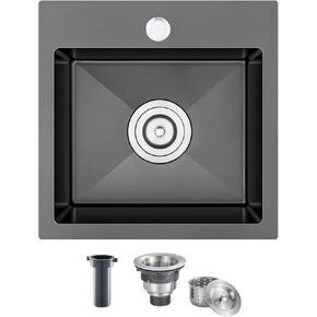 ROVATE 15 inch Drop in Bar Sink Single Bowl, Small Black Nano Kitchen Sink Top-mount, Overmount Handmade 304 Stainless Steel Bar Sink with Basket Strainer, 15 x 15 x 8 inch
