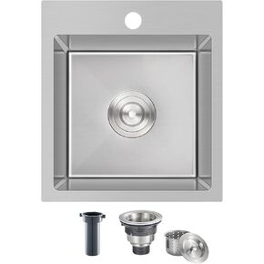 ROVATE 13 x 15 x 8 inch Drop in Bar Sink, Small Kitchen Sink Topmount Single Bowl, 304 Stainless Steel Bar Sink Overmount Handmade with Basket Strainer