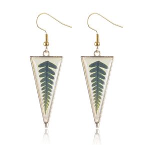Gold Filled Ear Wire Fern Leaf Earrings for Women Handmade Green Pressed Leaf Natural Dangle Earrings Geometric Dried flowers Resin Earrings Summer Jewelry Unique Nature Gift (Triangle)