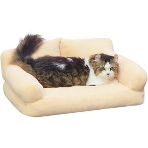 Hollypet Fluffy Plush Dog Cat Pet Couch Soft Calming Sofa Beds for Medium Small Cats and Dogs, Milk Tea