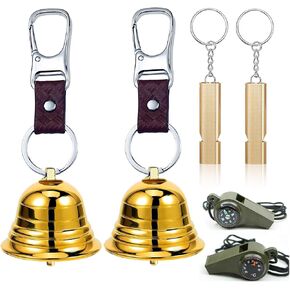 2" Loud Bear Bell with Whistle Set for Hikers,3 in 1 Hiking Gear Solid Brass Camping Bear Bells with Silencer, Emergency Whistle and Carabiner for Biking,Fishing, Climbing, Outdoor Camping Protection