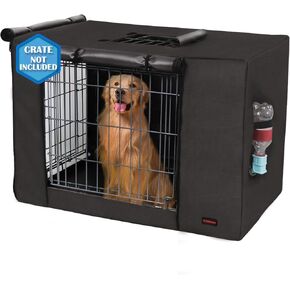 Dog Crate Cover 42 Inch - Waterproof Kennel Cover with Top Window, 600D Oxford Fabric Dog Cage Cover Fit for Most Double Door Wire Crate, Unique Drinking Hole Design, Black (Cover Only)