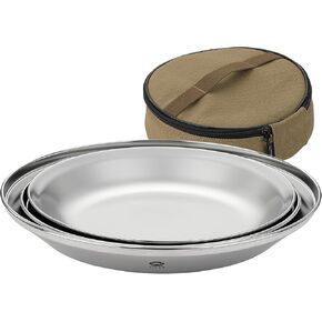 CAMPINGMOON Camping Plates 4pcs Set Salad Side Dinner Plate Dishes Outdoor Tableware Stainless Steel with Canvas Case S397-1S